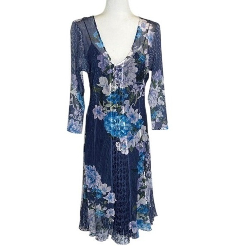 Komarov Floral Mesh Lace Panel Dress Womens Size XL Blue‎ Purple Wedding